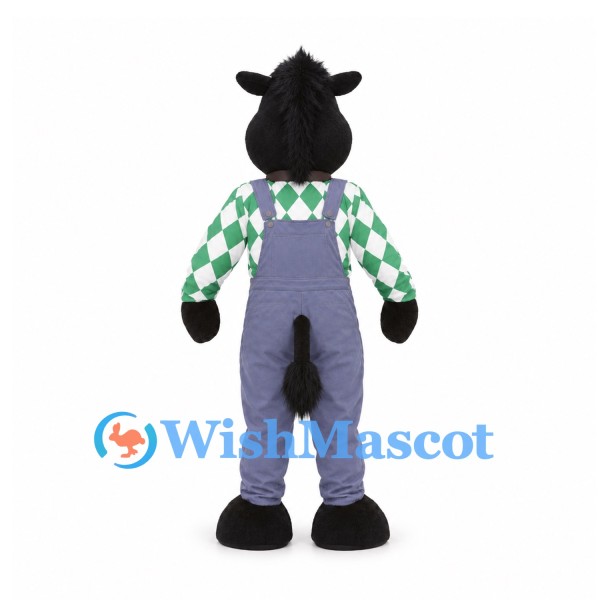 Horse Mascot Costume in Black with Argyle Shirt and Gray Overalls