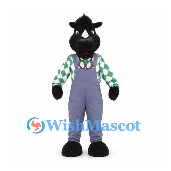 Horse Mascot Costume in Black with Argyle Shirt and Gray Overalls