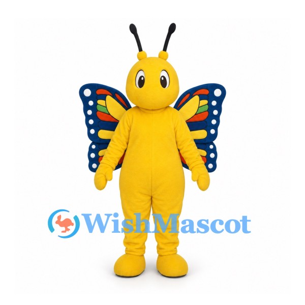 Butterfly Mascot Costume in Yellow with Large Multicolor Wings