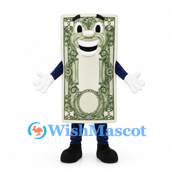 Banknote Mascot Costume in Green with Smiling Face