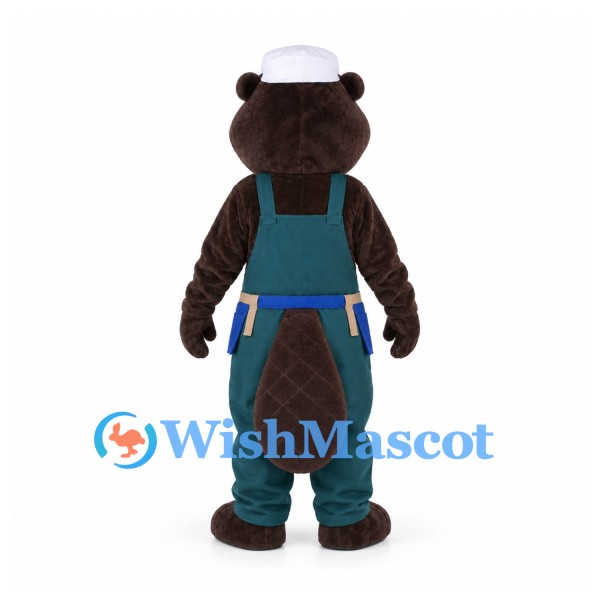 Builder Beaver Mascot Costume with Teal Overalls and White Cap