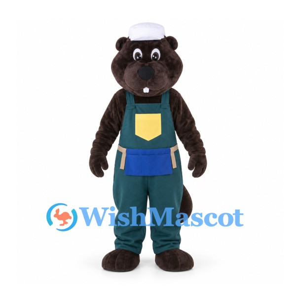 Builder Beaver Mascot Costume with Teal Overalls and White Cap