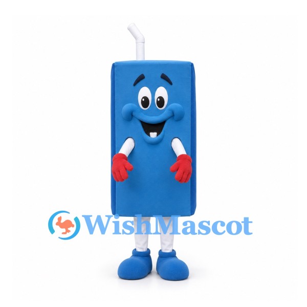 Juice Box Mascot Costume in Blue with White Straw and Red Gloves