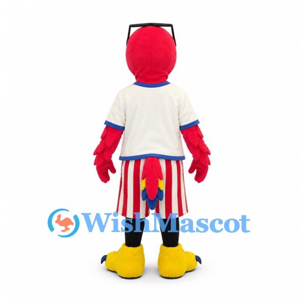 Parrot Mascot Costume in Red with White Shirt and Striped Shorts