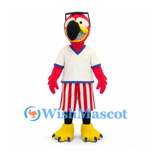 Parrot Mascot Costume in Red with White Shirt and Striped Shorts
