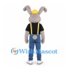 Builder Rabbit Mascot Costume with Yellow Hard Hat and Blue Pants