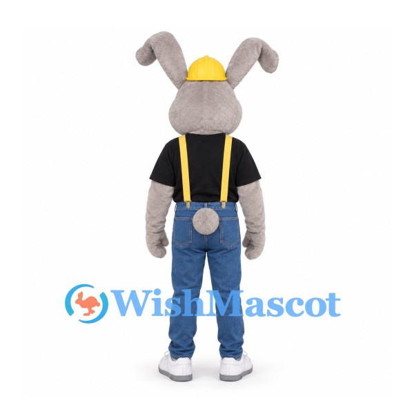 Builder Rabbit Mascot Costume with Yellow Hard Hat and Blue Pants
