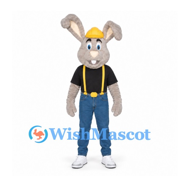 Builder Rabbit Mascot Costume with Yellow Hard Hat and Blue Pants