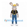Builder Rabbit Mascot Costume with Yellow Hard Hat and Blue Pants