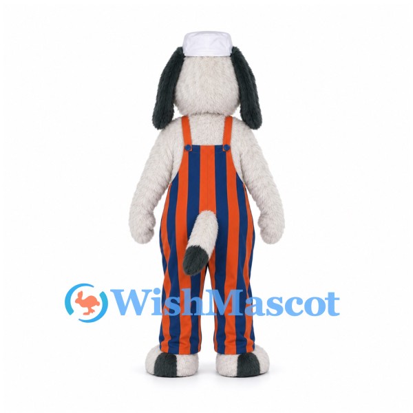 Dog Mascot Costume with Orange and Blue Striped Overalls
