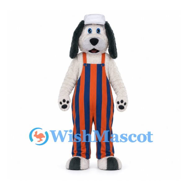 Dog Mascot Costume with Orange and Blue Striped Overalls