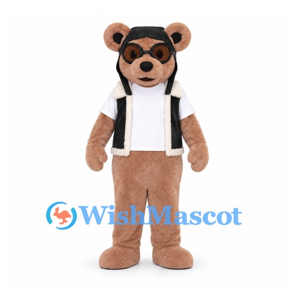 Pilot Bear Mascot Costume with Goggles and Black Vest