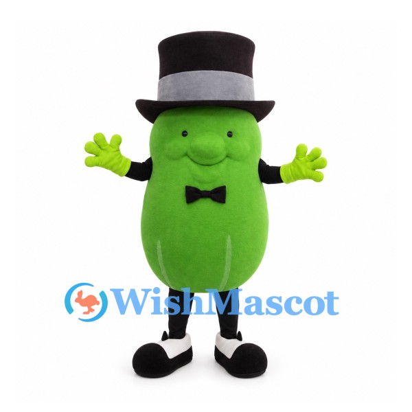 Pickle Mascot Costume in Green with Black Top Hat and Bow Tie