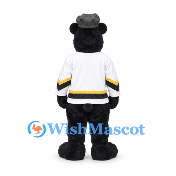 Bear Mascot Costume in Black with White Sports Shirt and Gray Hat