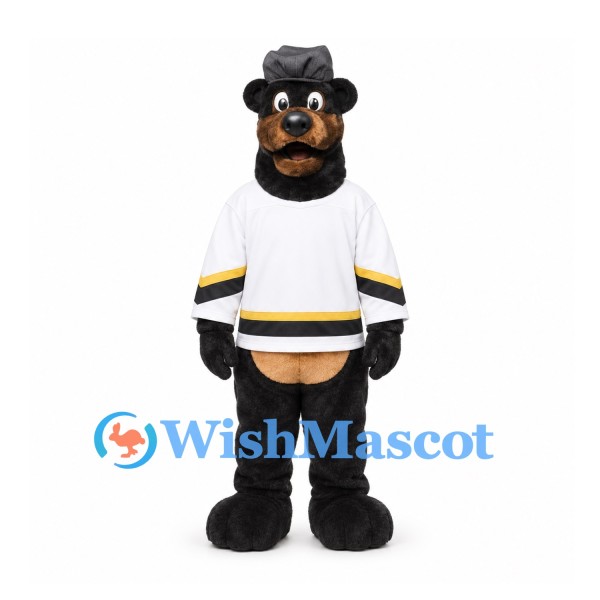 Bear Mascot Costume in Black with White Sports Shirt and Gray Hat