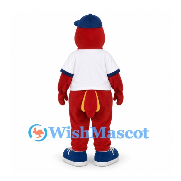 Cardinal Bird Mascot Costume with Blue Cap and White Shirt