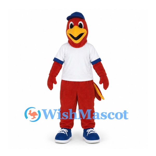 Cardinal Bird Mascot Costume with Blue Cap and White Shirt