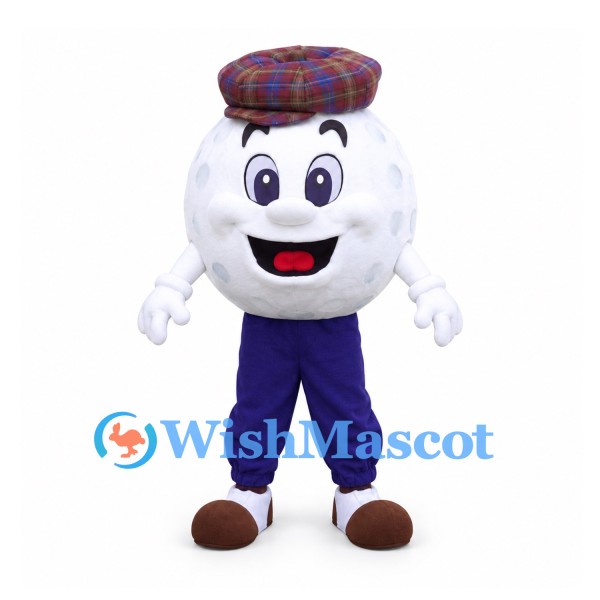 Golf Ball Mascot Costume with Plaid Cap and Purple Pants