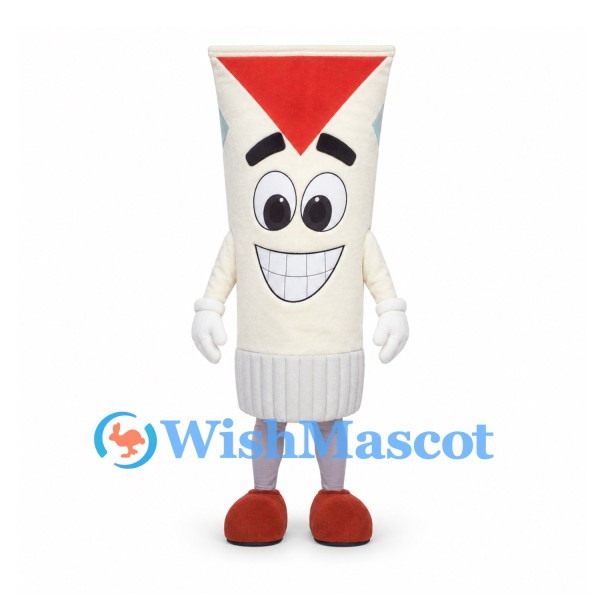 Toothpaste Tube Mascot Costume in Cream with Red Top and Smiling Face