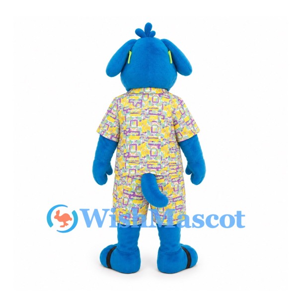 Dog Mascot Costume in Blue with Yellow Glasses and Patterned Outfit