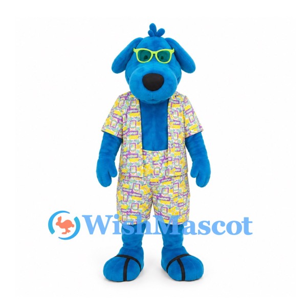 Dog Mascot Costume in Blue with Yellow Glasses and Patterned Outfit