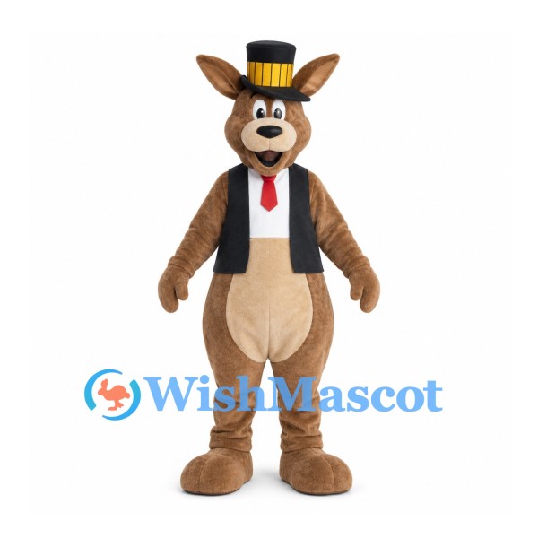 Kangaroo Mascot Costume with Black Top Hat and Red Tie