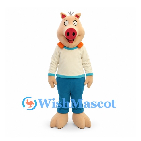Pig Mascot Costume with Cream Shirt and Teal Pants