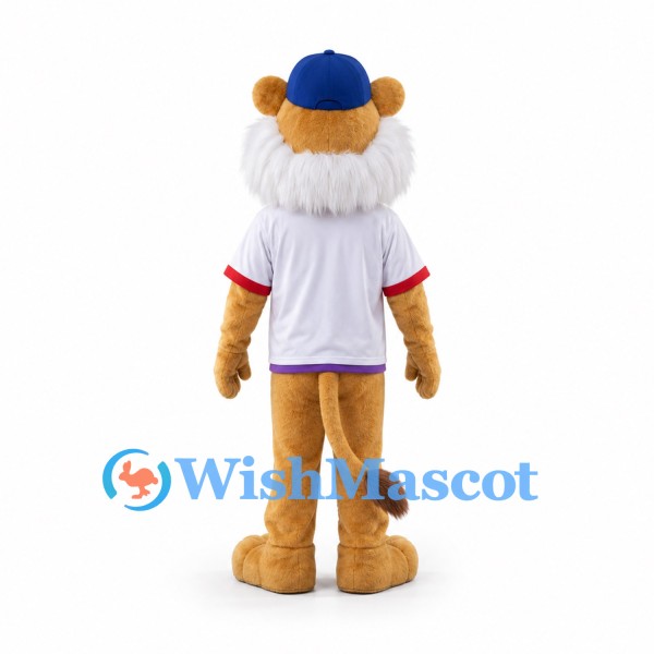 Lion Mascot Costume with Blue Cap and White Shirt
