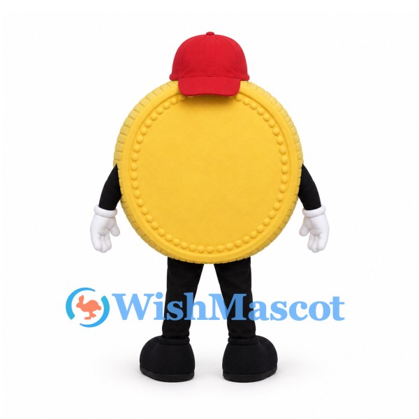 Coin Mascot Costume in Gold with Red Cap and Black Sunglasses