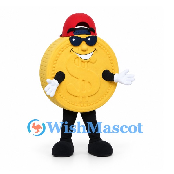 Coin Mascot Costume in Gold with Red Cap and Black Sunglasses