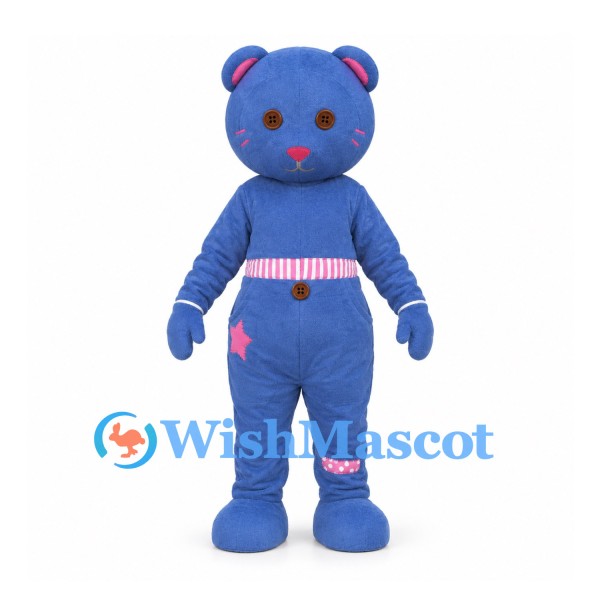 Bear Mascot Costume in Blue with Pink Striped Waistband