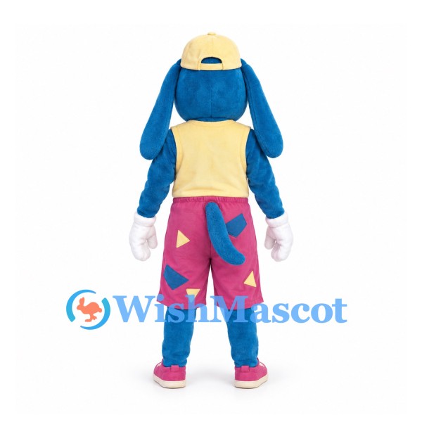 Dog Mascot Costume in Blue with Yellow Shirt and Pink Patterned Shorts