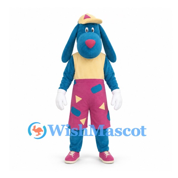 Dog Mascot Costume in Blue with Yellow Shirt and Pink Patterned Shorts
