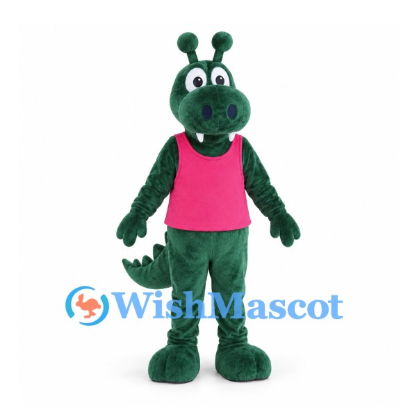 Dragon Mascot Costume in Green with Pink Shirt and Antennae