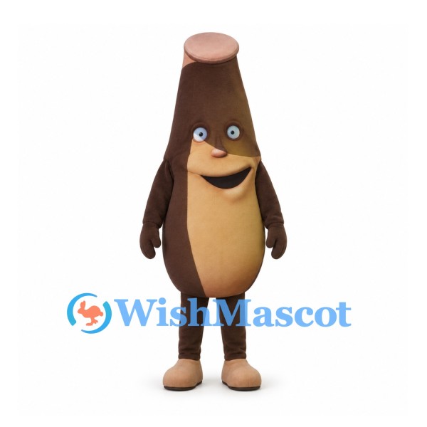 Bottle Mascot Costume in Brown with Beige Belly and Smiling Face