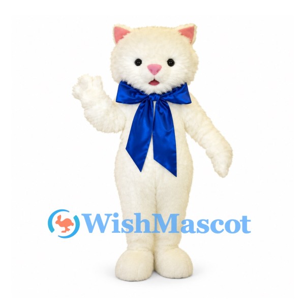 Cat Mascot Costume in Cream with Large Blue Neck Bow