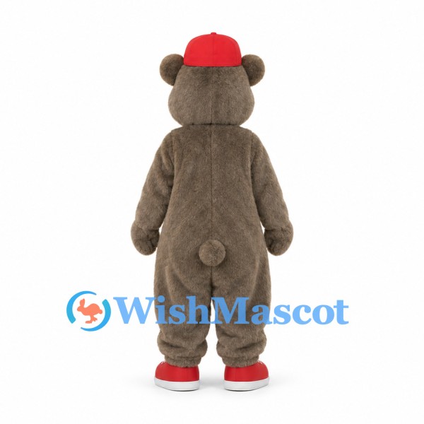 Bear Mascot Costume in Gray with Red Cap and Shoes