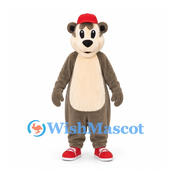 Bear Mascot Costume in Gray with Red Cap and Shoes