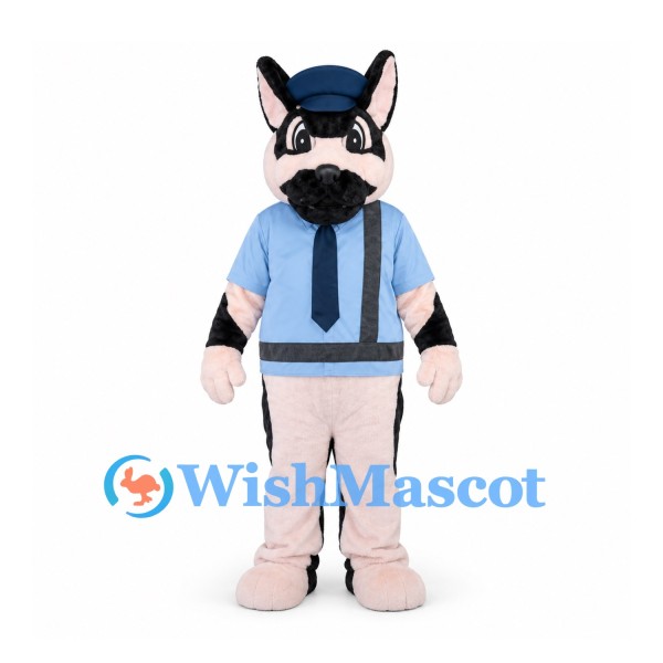Police Dog Mascot Costume with Blue Shirt Black Tie and Cap
