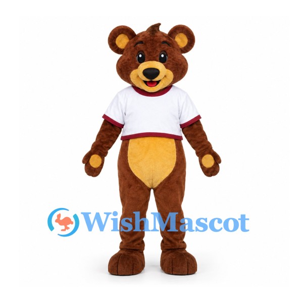 Bear Mascot Costume with White Sports Shirt and Yellow Belly