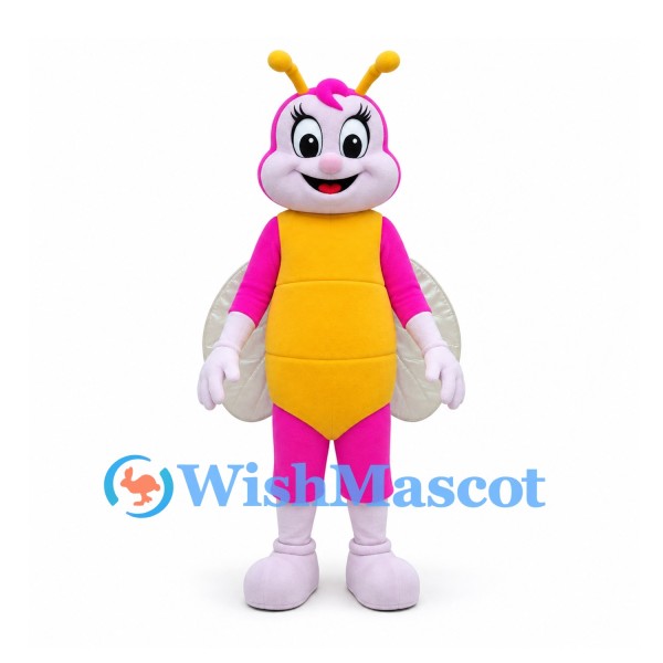 Butterfly Mascot Costume in Pink with Yellow Belly and White Wings