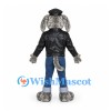 Biker Dog Mascot Costume with Black Jacket Cap and Blue Jeans