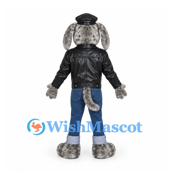 Biker Dog Mascot Costume with Black Jacket Cap and Blue Jeans