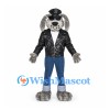 Biker Dog Mascot Costume with Black Jacket Cap and Blue Jeans