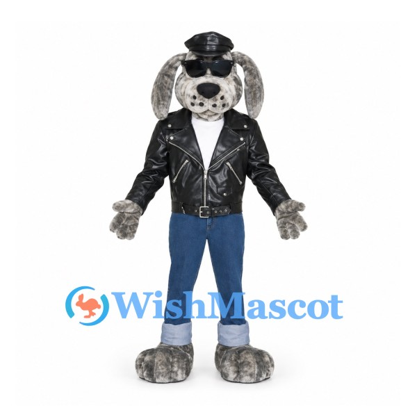 Biker Dog Mascot Costume with Black Jacket Cap and Blue Jeans