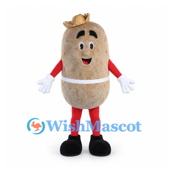 Potato Mascot Costume with Straw Hat and Red Sleeves