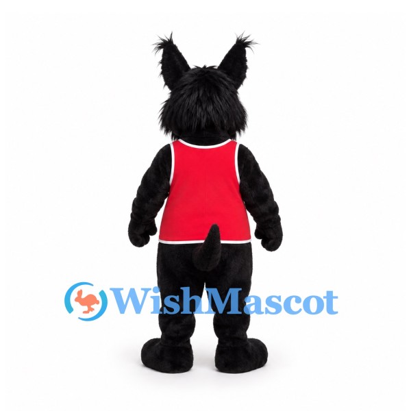 Lynx Mascot Costume in Black with Red Sports Jersey and Tufted Ears