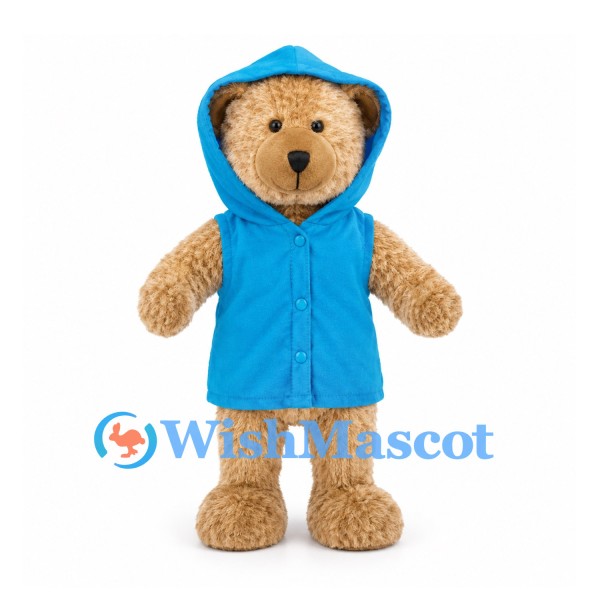 Bear Mascot Costume with Blue Hooded Raincoat