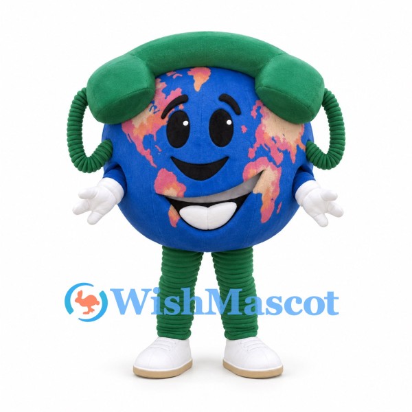 Globe Mascot Costume with Blue Earth Body and Green Telephone Receiver