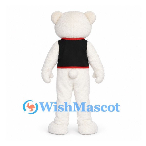 Polar Bear Mascot Costume with Black Vest and Striped Bow Tie